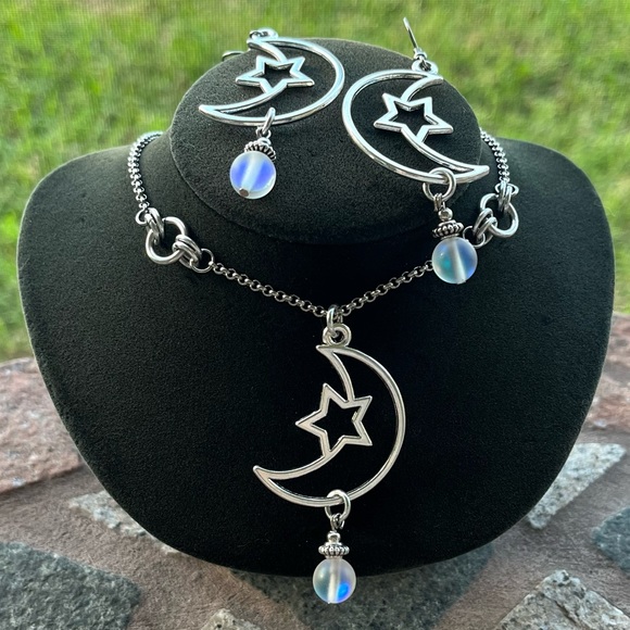 Set ! Moon star & iridescent opalite beads necklace + matching earrings boho - Picture 12 of 13